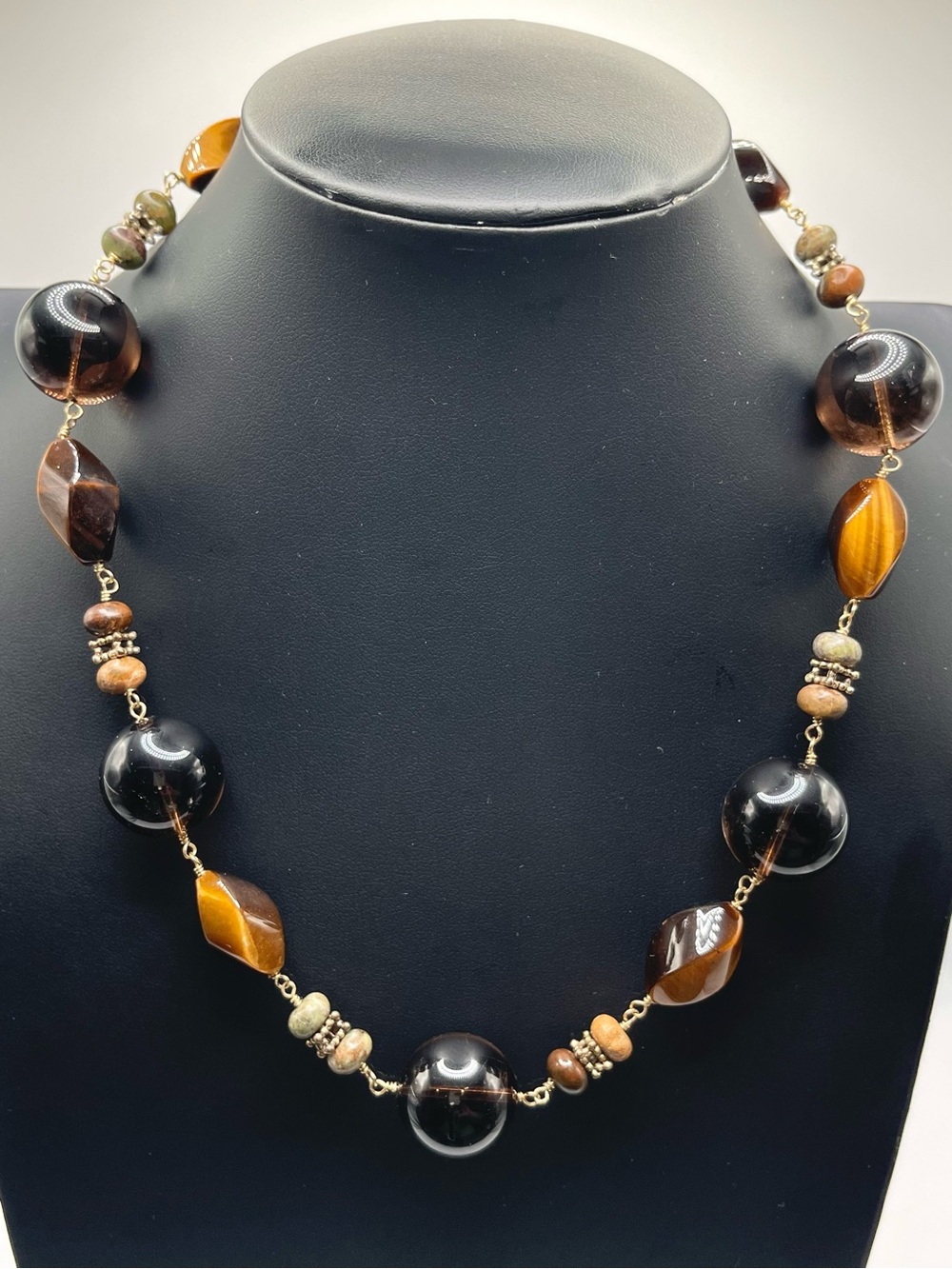 🌑Smoky Quartz Tigereye Jasper Gemstone Handmade Wire Wrapped Artisan Necklace🌑